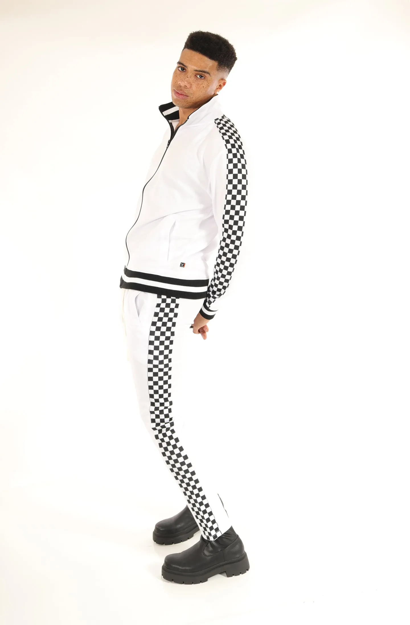 F11854-Checker Track Jacket -WHITE