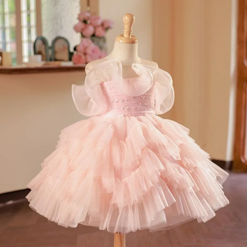 Fairy Tale Princess Dress Elegant Pearl Bow Girl's Party Dress Layered Tulle Princess Dress