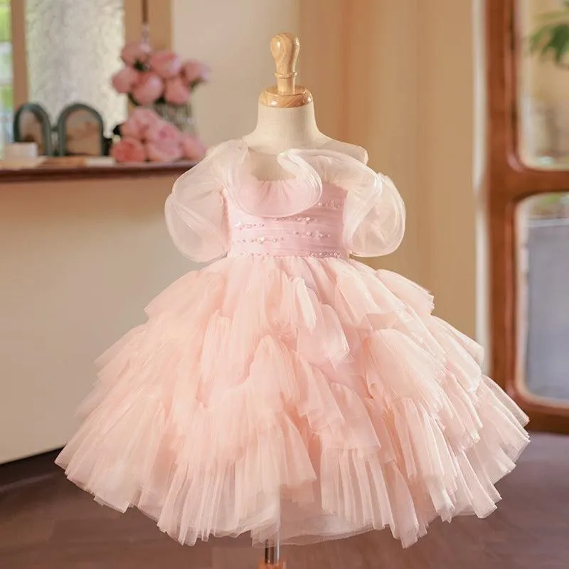 Fairy Tale Princess Dress Elegant Pearl Bow Girl's Party Dress Layered Tulle Princess Dress