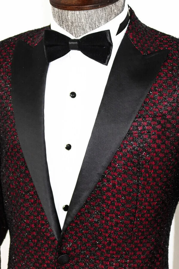 Gingham Patterned Glittery Burgundy Men Prom Party Blazer - Wessi