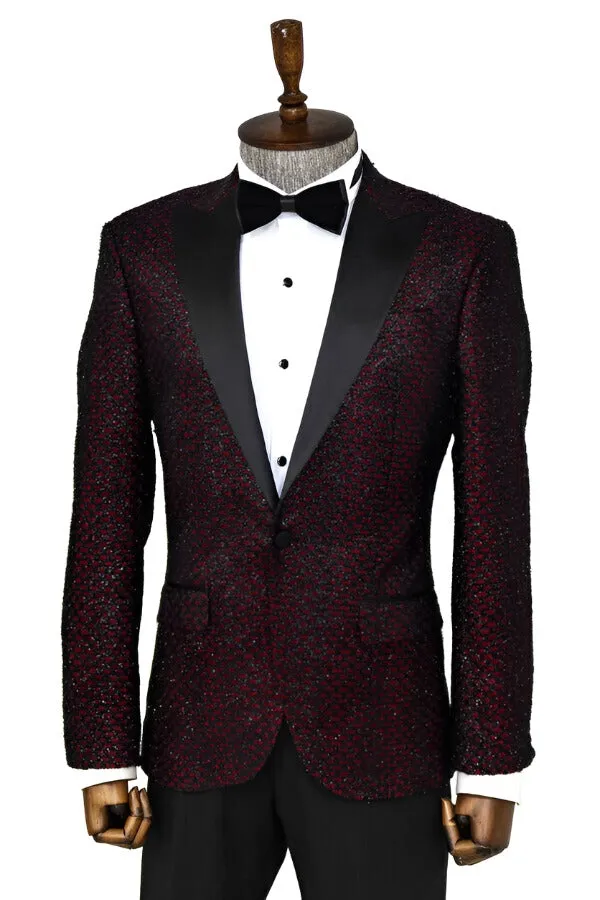 Gingham Patterned Glittery Burgundy Men Prom Party Blazer - Wessi