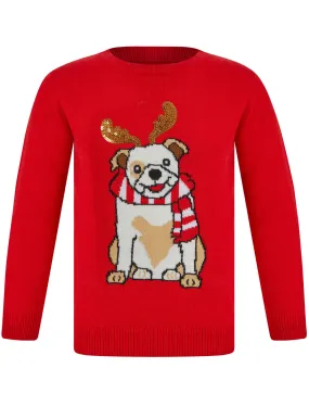 Girls Reindeer Dog Novelty Christmas Jumper in Tokyo Red - Merry Christmas Kids (4-12yrs)