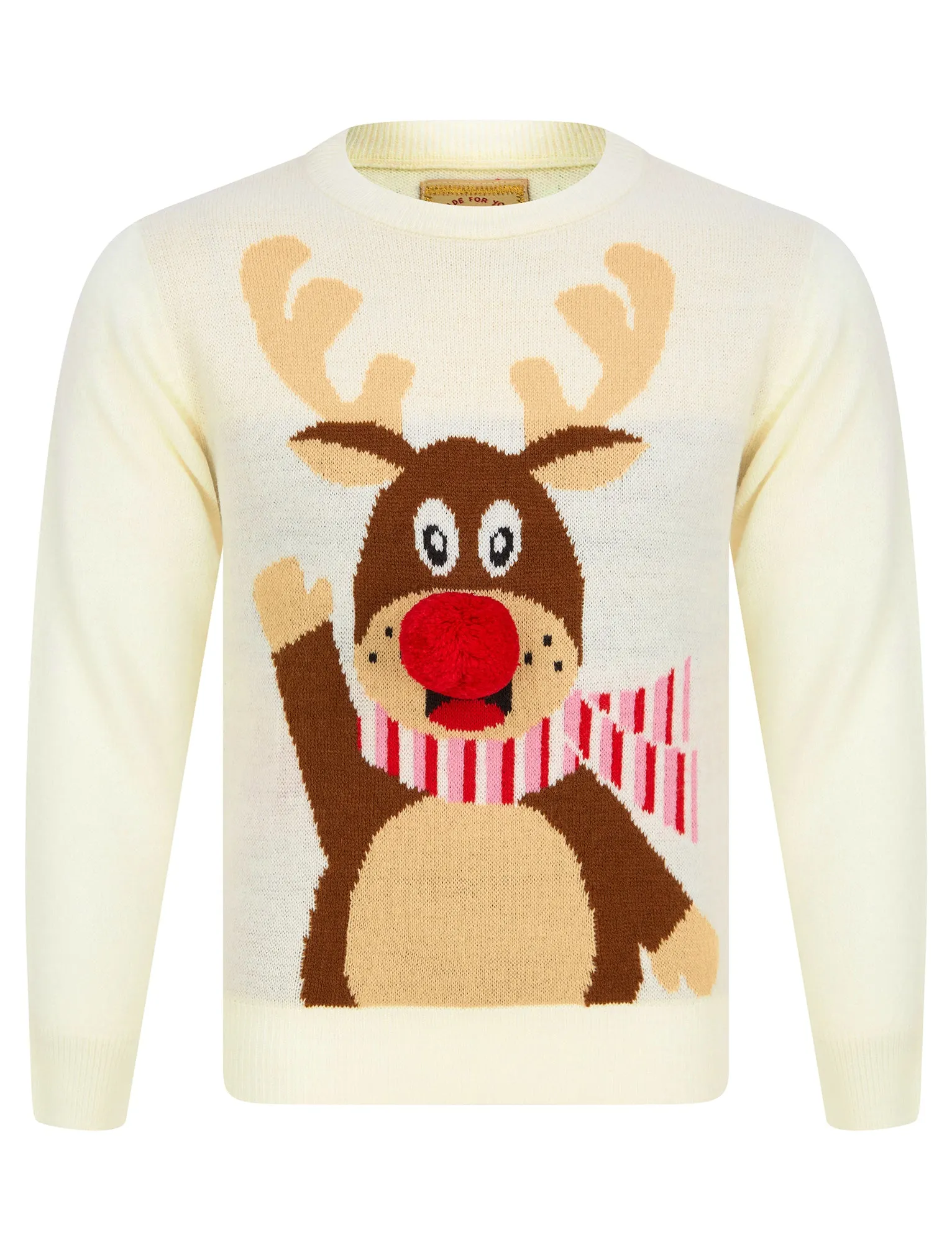 Girl's Waving Reindeer Pom Pom Nose Novelty Christmas Jumper in Gardenia - Merry Christmas Kids (4-12yrs)