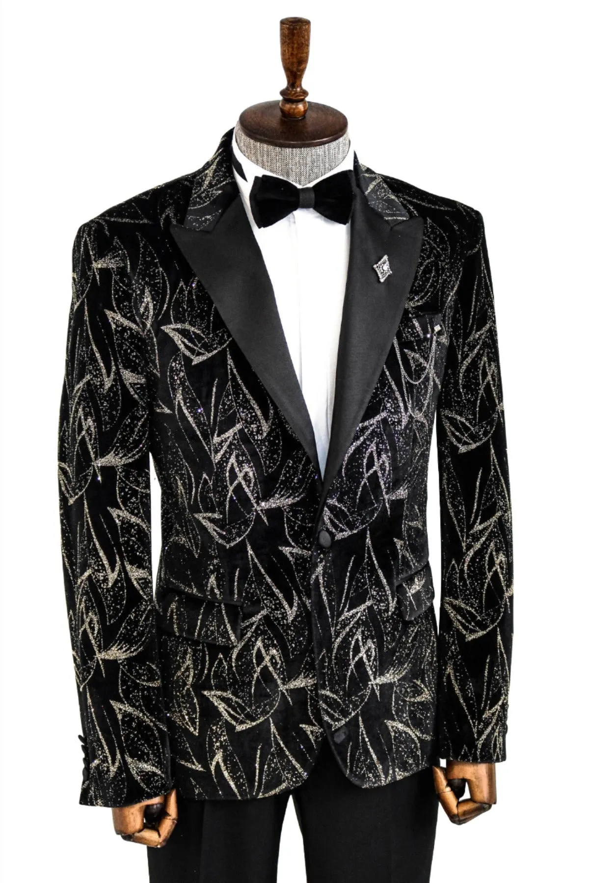 Glittery Slim Fit Black Men Wedding Tuxedo Blazer - Wessi