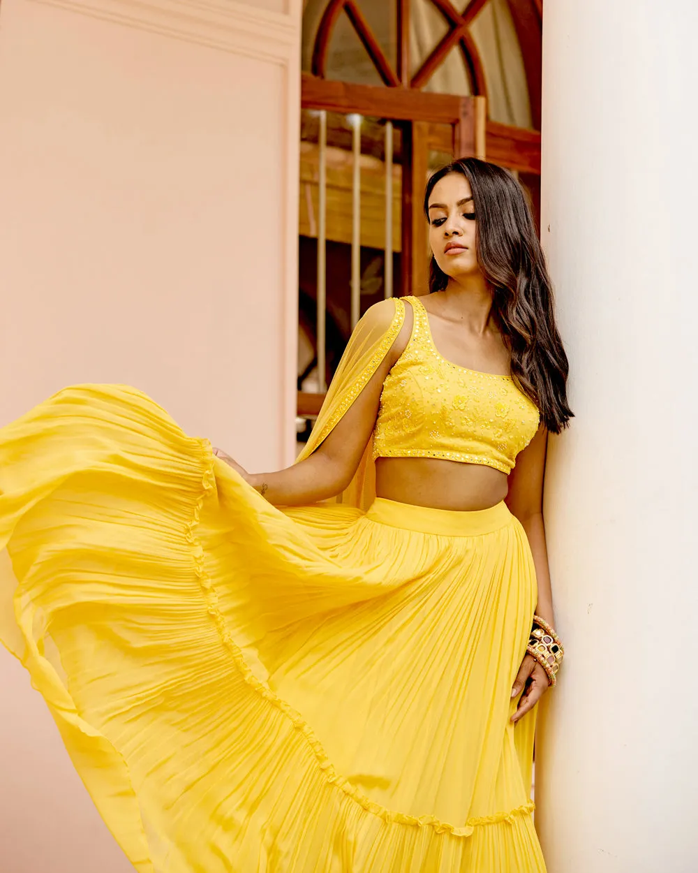 Hand Embroidered Layered Ruffled Yellow Lehenga Set