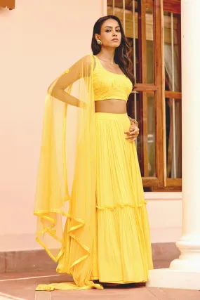 Hand Embroidered Layered Ruffled Yellow Lehenga Set