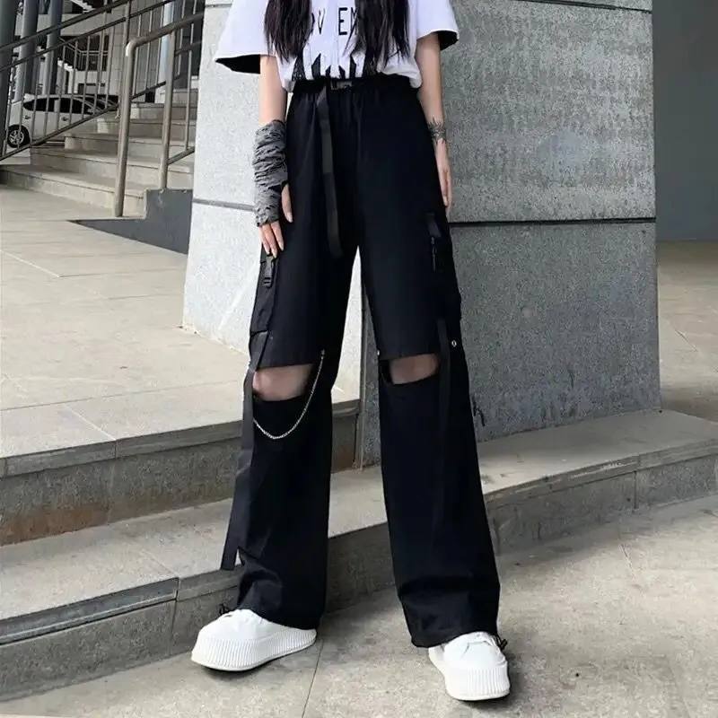 High Waist Women Cargo Pants Black Punk Loose Patchwork Streetwear S S4691448