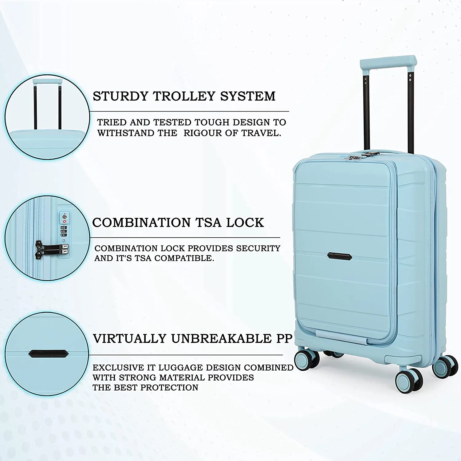 it luggage Momentous| Polypropylene| Hardsided Fashion Luggage Suitcase| Cabin with Laptop Section | 8 Wheel Trolley |16-2886-08 |Sky Blue with TSA Lock- 54.5CM