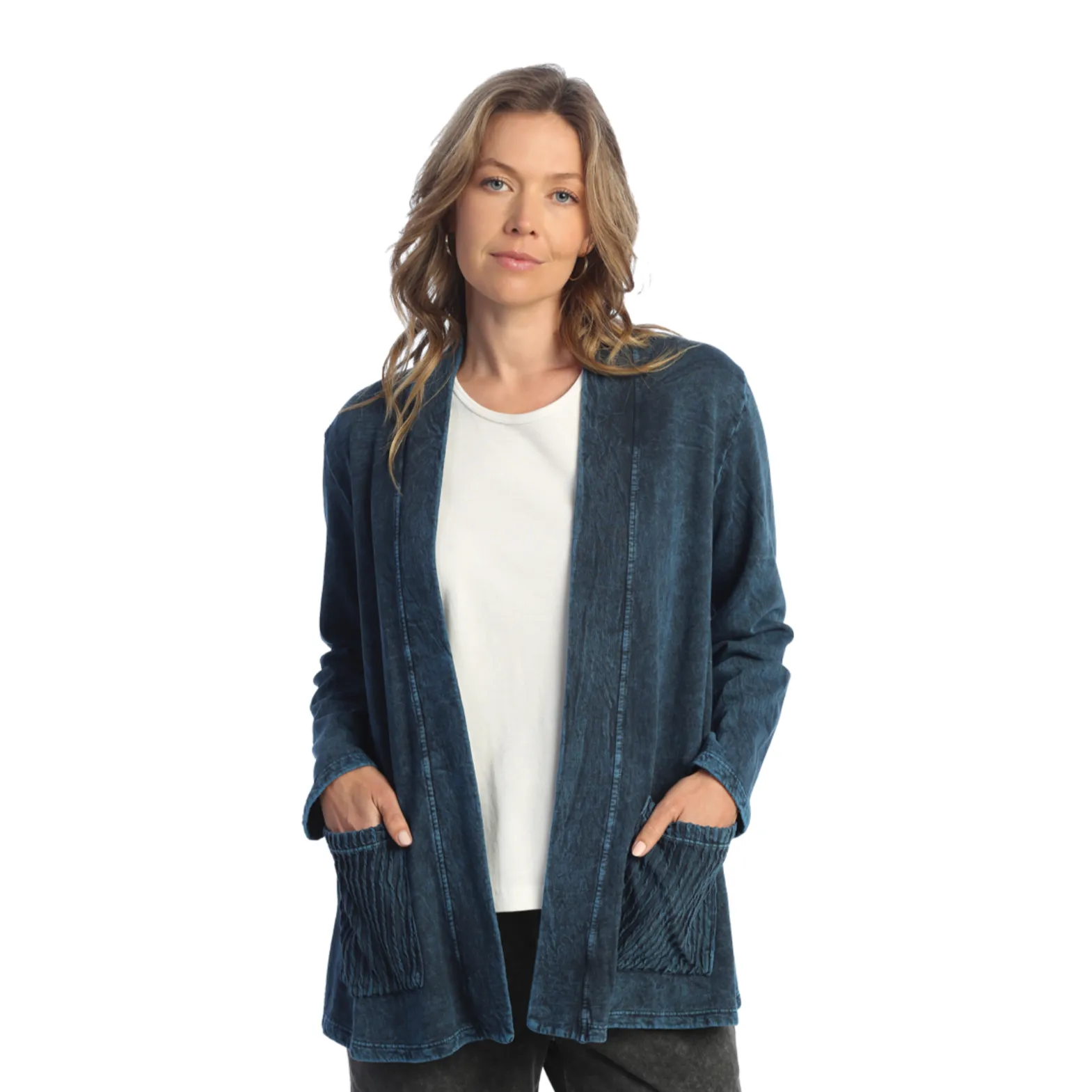 Jess & Jane Mineral Washed Open Cardigan With Contrast Patch Pockets - M90