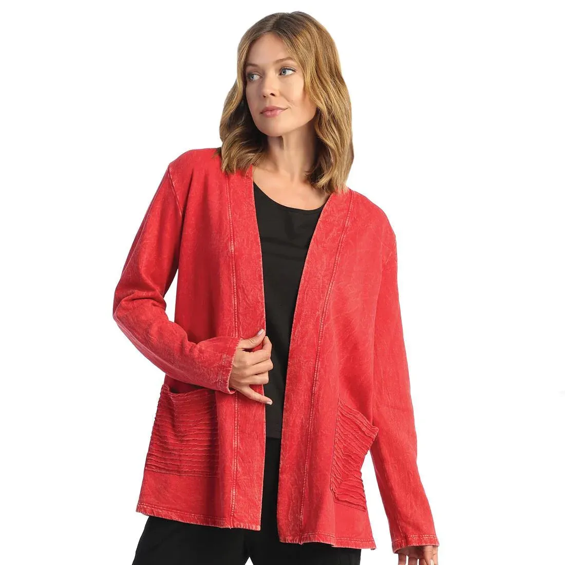 Jess & Jane Mineral Washed Open Cardigan With Contrast Patch Pockets - M90