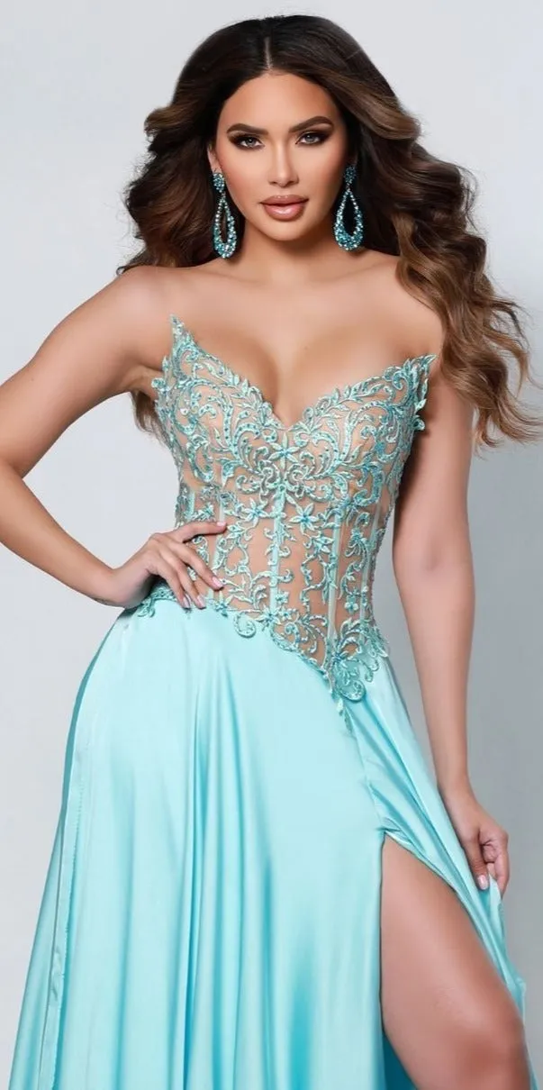 Johnathan Kayne 2554 Ice Blue Pageant Gown Size 00 Prom Dress Sheer Lace A Line Layered Skirt Long Train