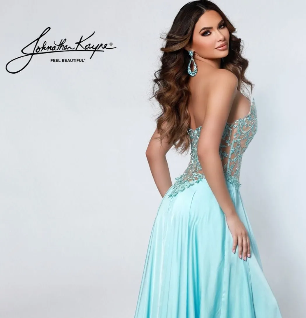 Johnathan Kayne 2554 Ice Blue Pageant Gown Size 00 Prom Dress Sheer Lace A Line Layered Skirt Long Train