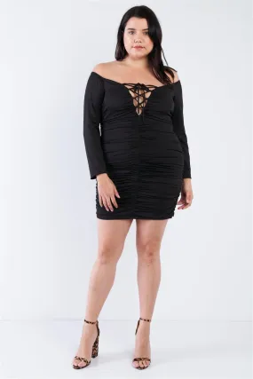 Junior Plus Size Black Off The Shoulder Lace Up Ruched Mini Dress /3-2-2