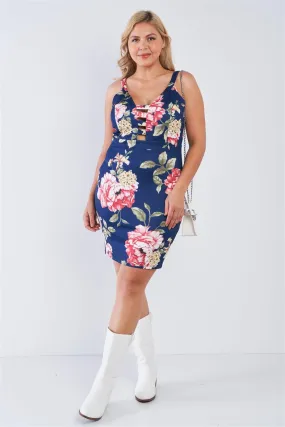 Junior Plus Size Navy Floral V-Neck Strap Front Bodycon Mini Dress /2-1-1