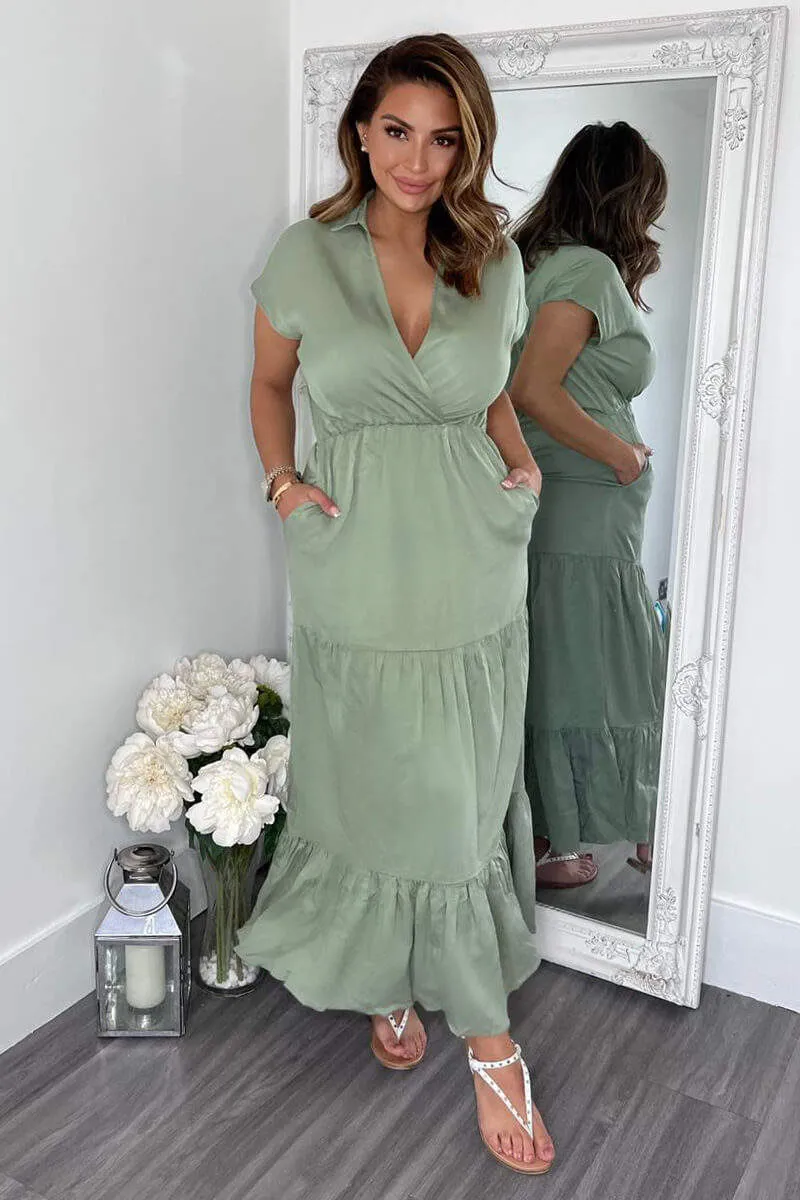 Khaki Short Sleeved V-Neck Midi Smock Dress