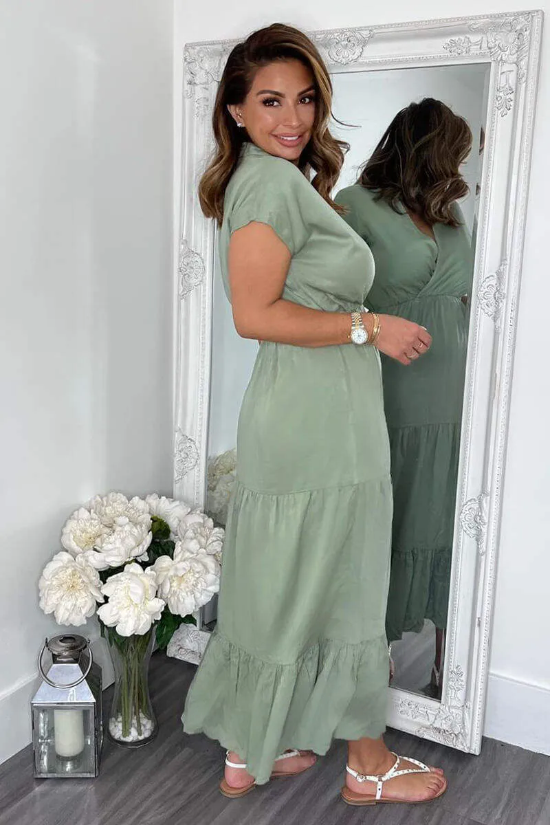 Khaki Short Sleeved V-Neck Midi Smock Dress