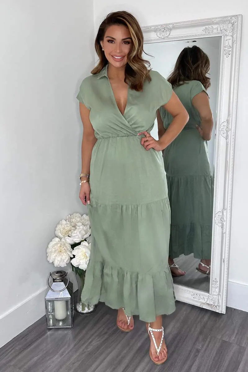 Khaki Short Sleeved V-Neck Midi Smock Dress