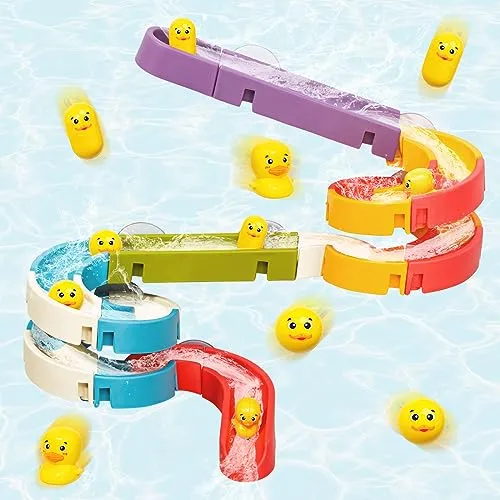 Kidology Small Duck Slide Track Bath Toys, Bathtub Fun Construction Toy Game for Kids, Slide with Tiny Yellow Ducks (40 Pcs Set)