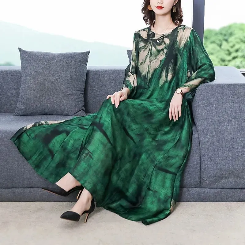 Loose Casual Print Mulberry Silk Maxi Dress Spring Summer Vintage 4XL Plus Size Dress Elegant Women Bodycon Party X3079368