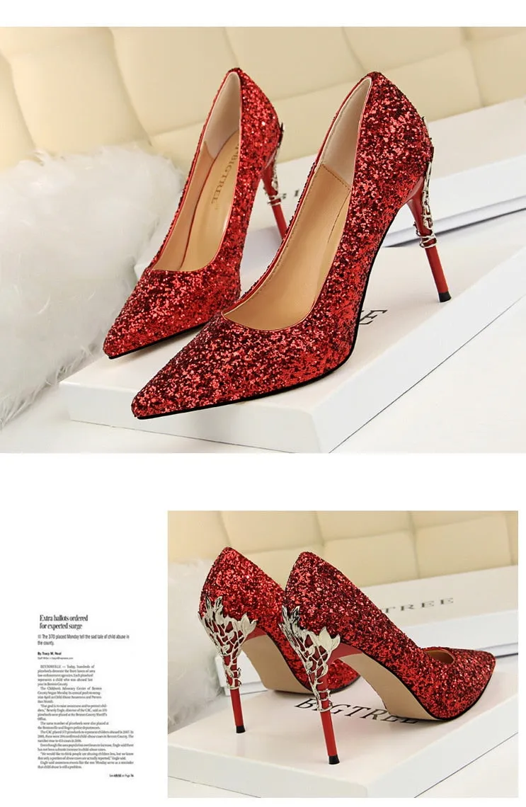 Magical Glittery Metal Embellised Heel Pumps Pointed Toe High Heels