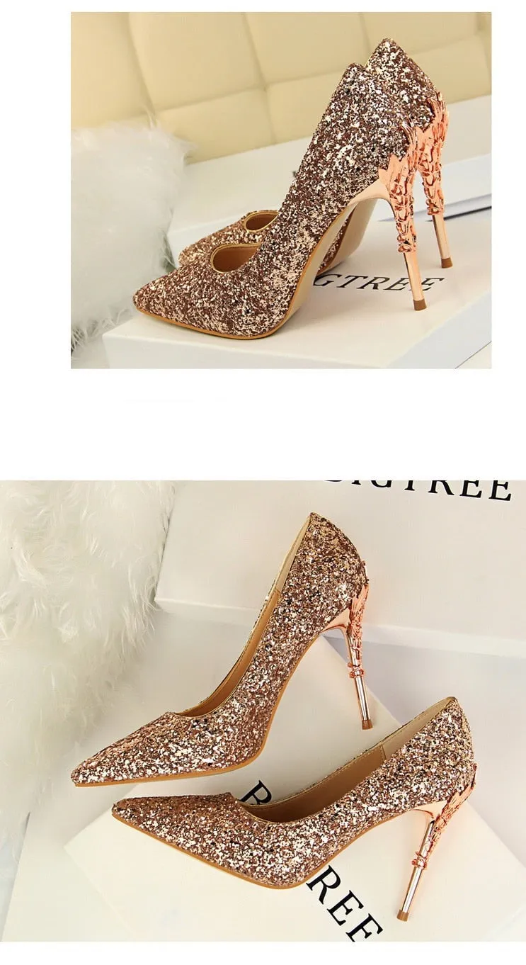 Magical Glittery Metal Embellised Heel Pumps Pointed Toe High Heels