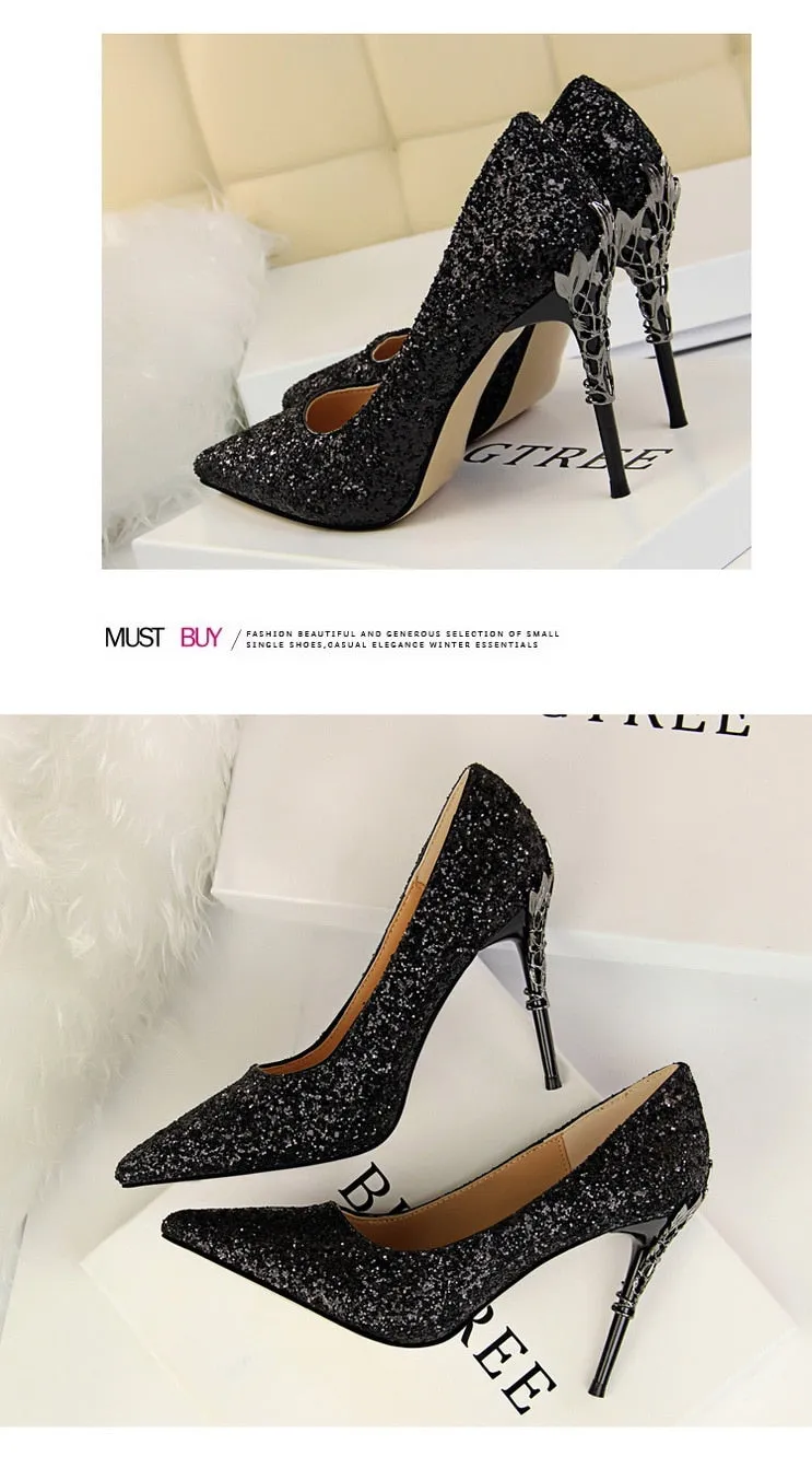 Magical Glittery Metal Embellised Heel Pumps Pointed Toe High Heels