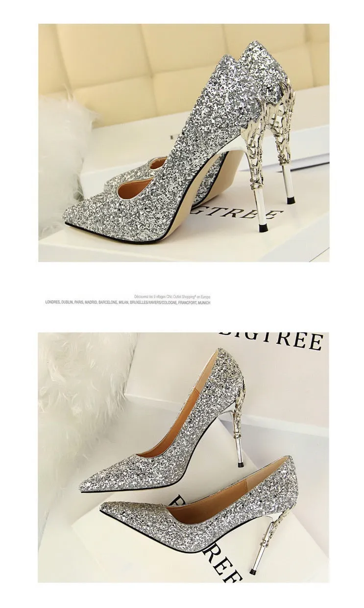 Magical Glittery Metal Embellised Heel Pumps Pointed Toe High Heels