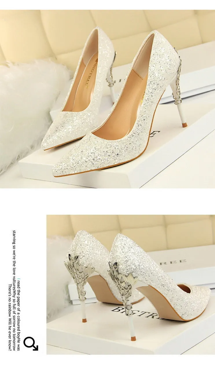 Magical Glittery Metal Embellised Heel Pumps Pointed Toe High Heels