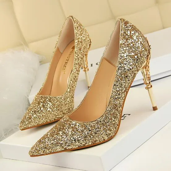 Magical Glittery Metal Embellised Heel Pumps Pointed Toe High Heels