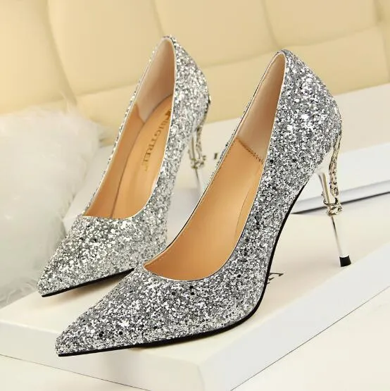 Magical Glittery Metal Embellised Heel Pumps Pointed Toe High Heels