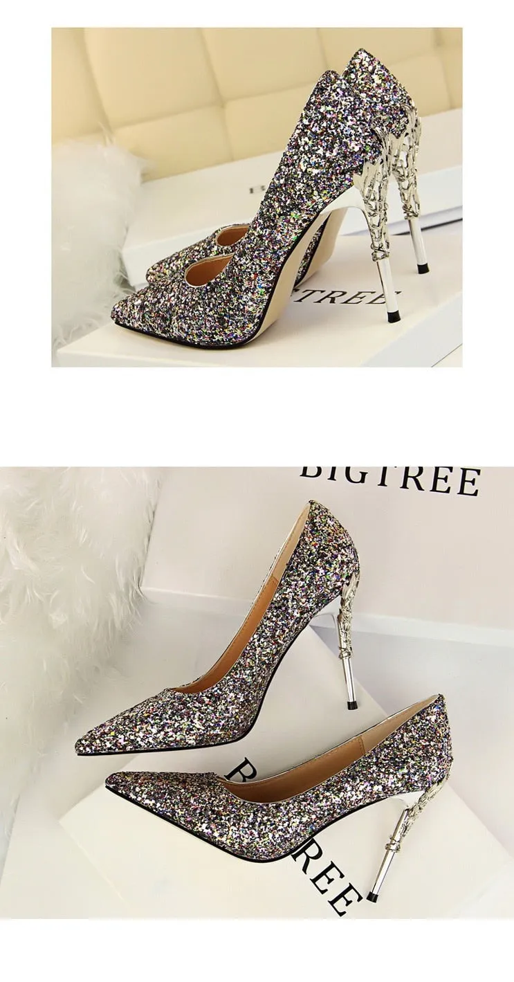 Magical Glittery Metal Embellised Heel Pumps Pointed Toe High Heels