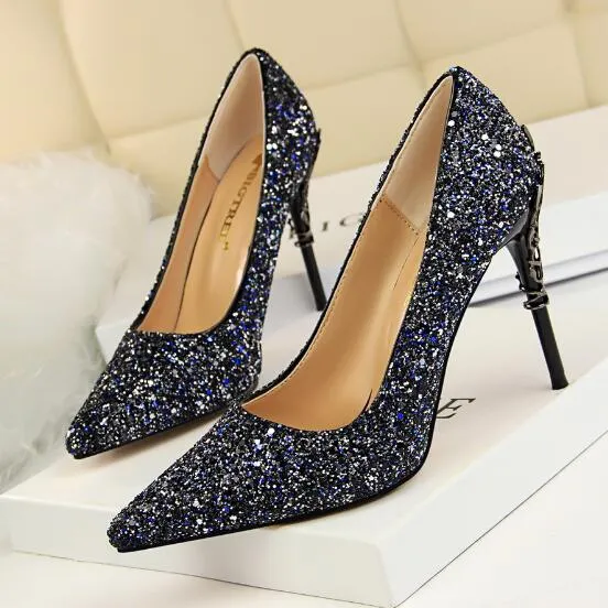 Magical Glittery Metal Embellised Heel Pumps Pointed Toe High Heels