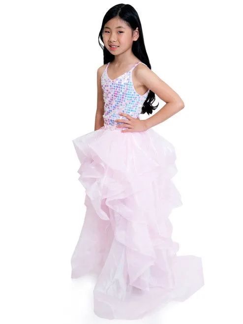 Marc Defang 5002 Pink High Low Sequin Girls Pageant Romper Layered Detachable Overskirt