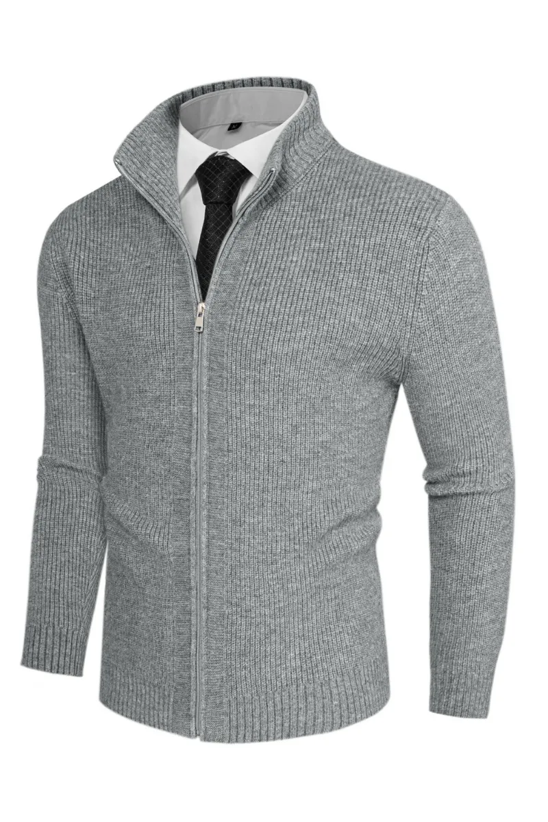 Men Stand Collar Textured Cardigan Long Sleeve Zip-up Sweater Knitwear