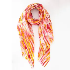 Metallic Gold Foil Abstract Stripe Print Scarf In Orange & Pink