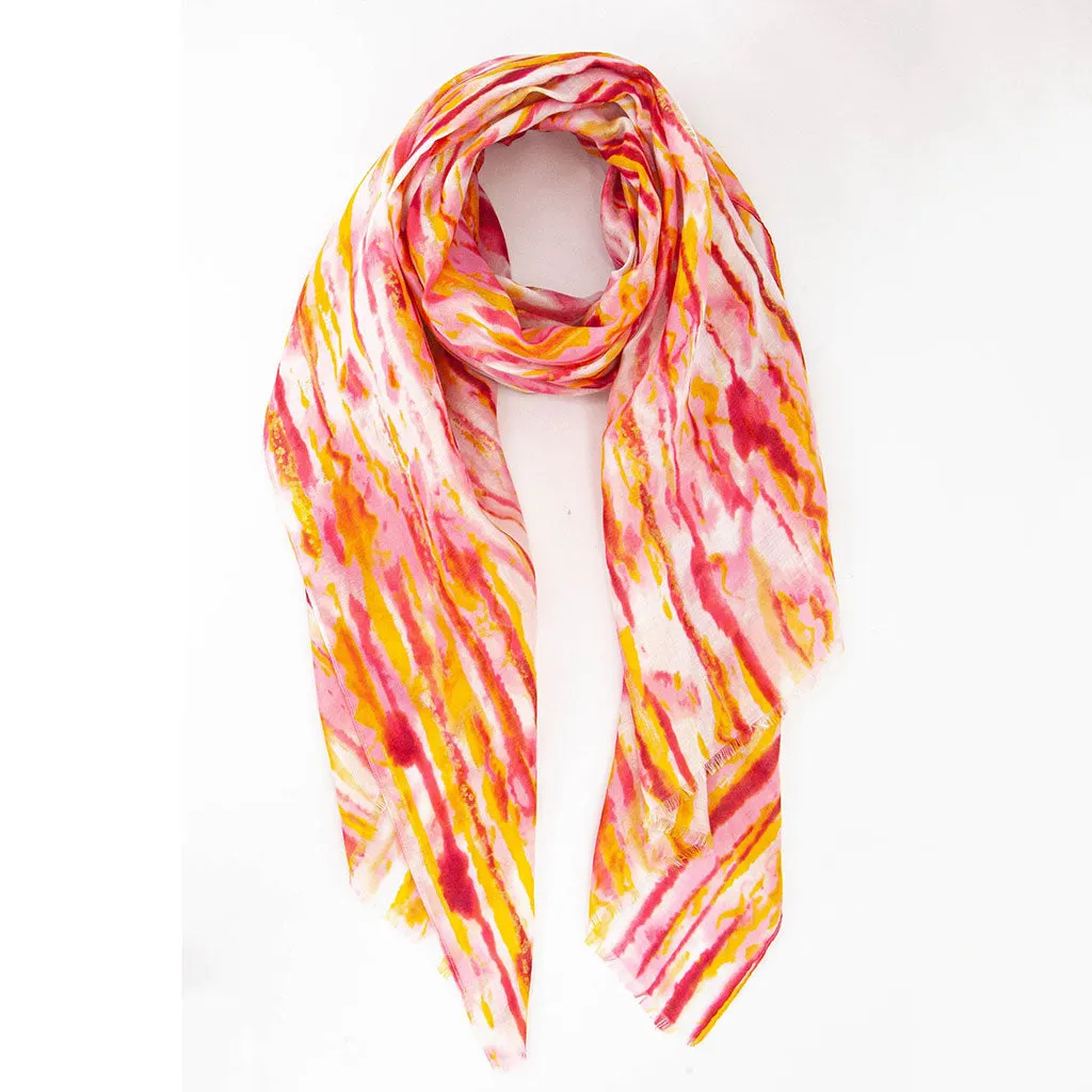 Metallic Gold Foil Abstract Stripe Print Scarf In Orange & Pink