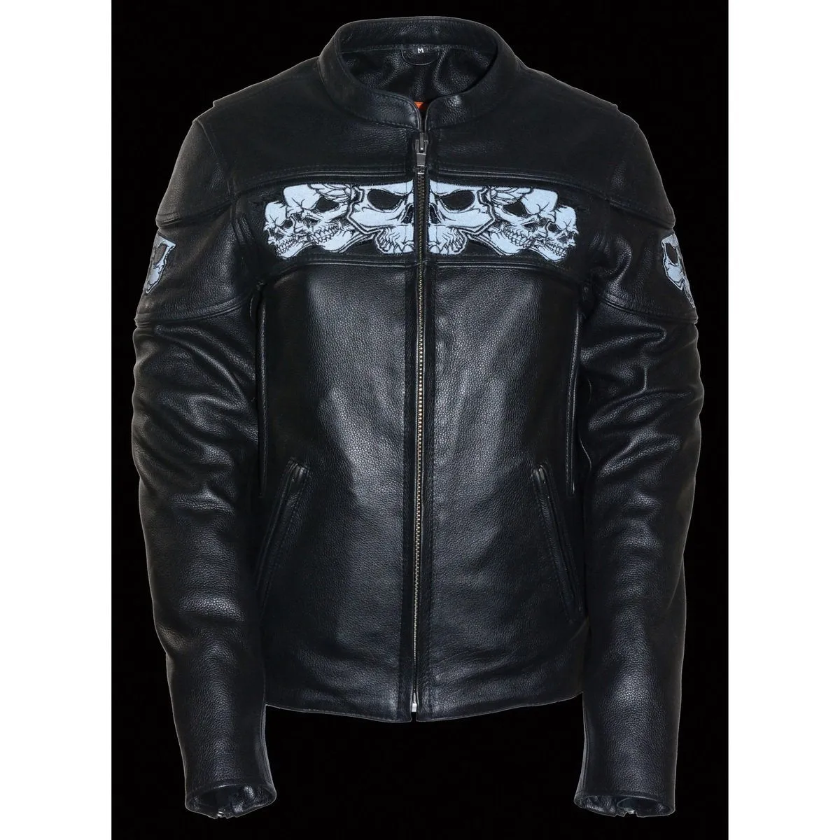 Milwaukee Leather MLL2540 Women's Crossover Black Leather Scooter Jacket Reflective Skull Graphic