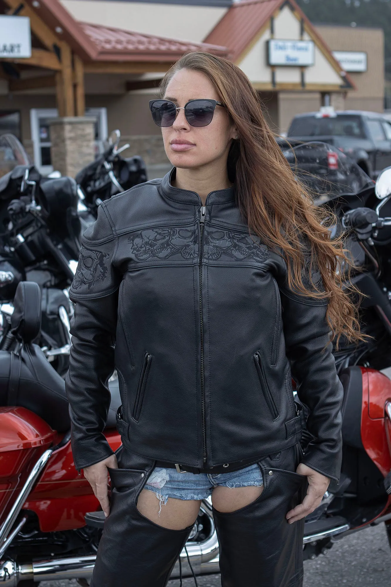 Milwaukee Leather MLL2540 Women's Crossover Black Leather Scooter Jacket Reflective Skull Graphic