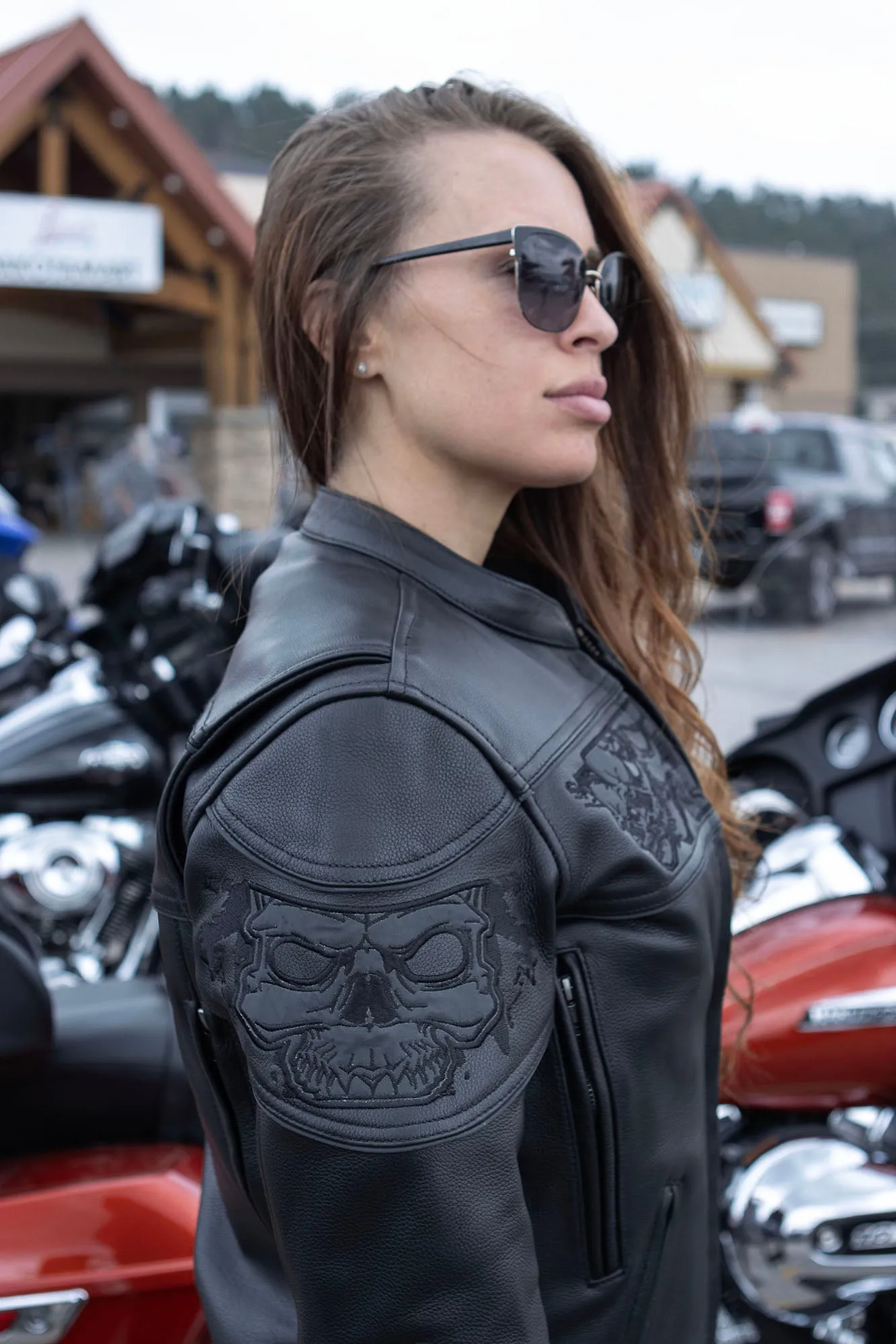 Milwaukee Leather MLL2540 Women's Crossover Black Leather Scooter Jacket Reflective Skull Graphic