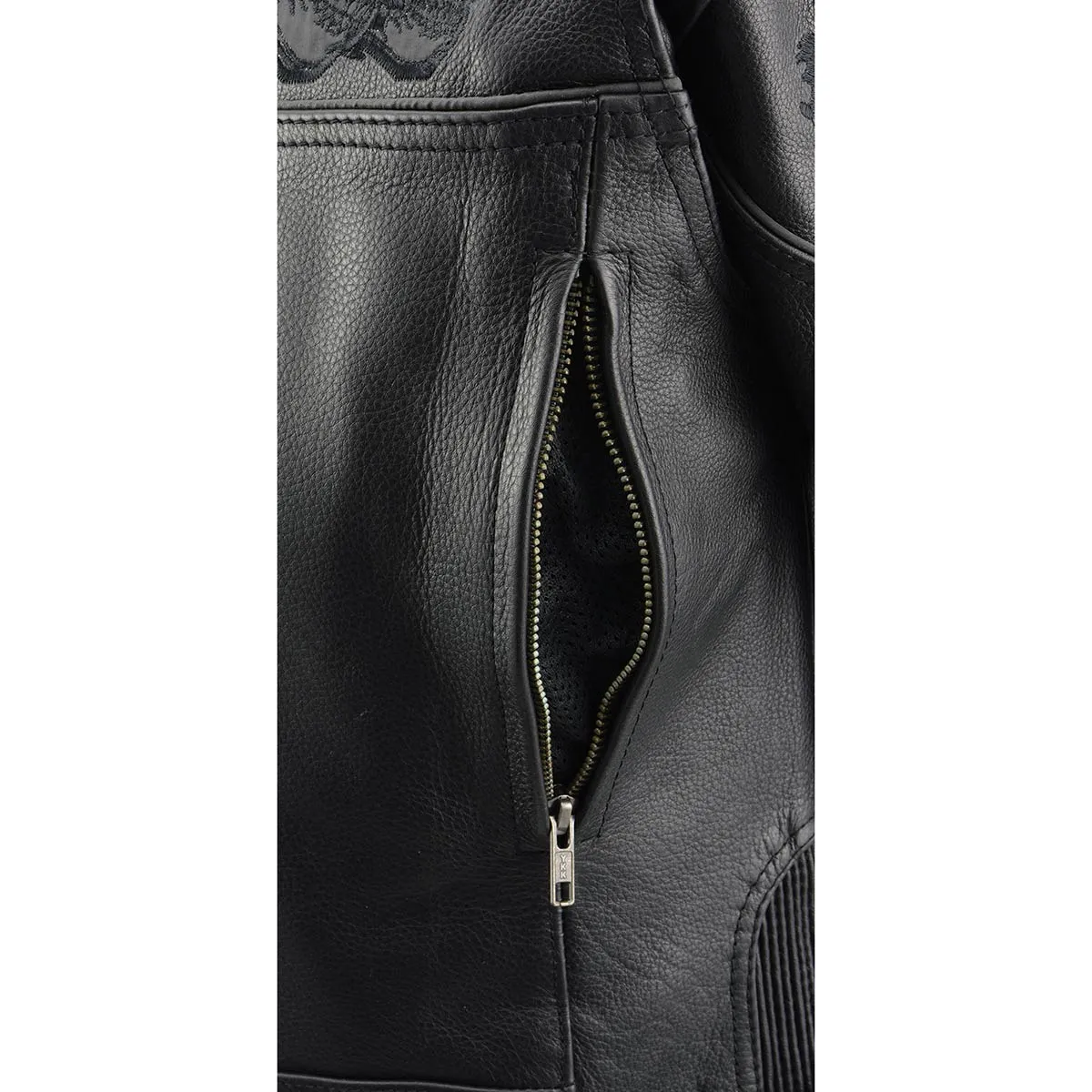 Milwaukee Leather MLL2540 Women's Crossover Black Leather Scooter Jacket Reflective Skull Graphic