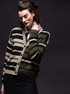 Minnie Rose Cashmere Mixed Stripe Cardigan Army Combo