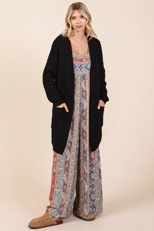 Mittoshop Black Cardigan Waffle-Knit Open Long Sleeve Longline Pocketed