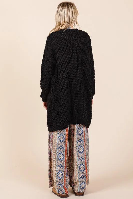 Mittoshop Black Cardigan Waffle-Knit Open Long Sleeve Longline Pocketed