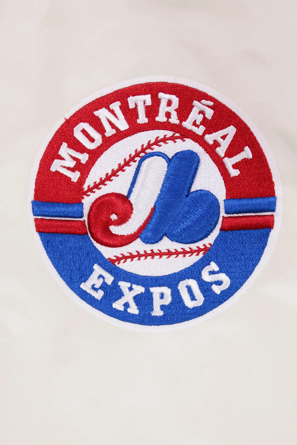 MLB MONTREAL EXPOS RETRO CLASSIC MEN'S RIB SATIN JACKET (EGGSHELL/ ROYAL BLUE)