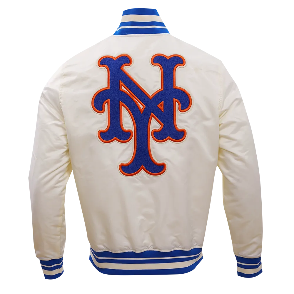 MLB NEW YORK METS RETRO CLASSIC MEN'S RIB SATIN JACKET (EGGSHELL/ROYAL BLUE)