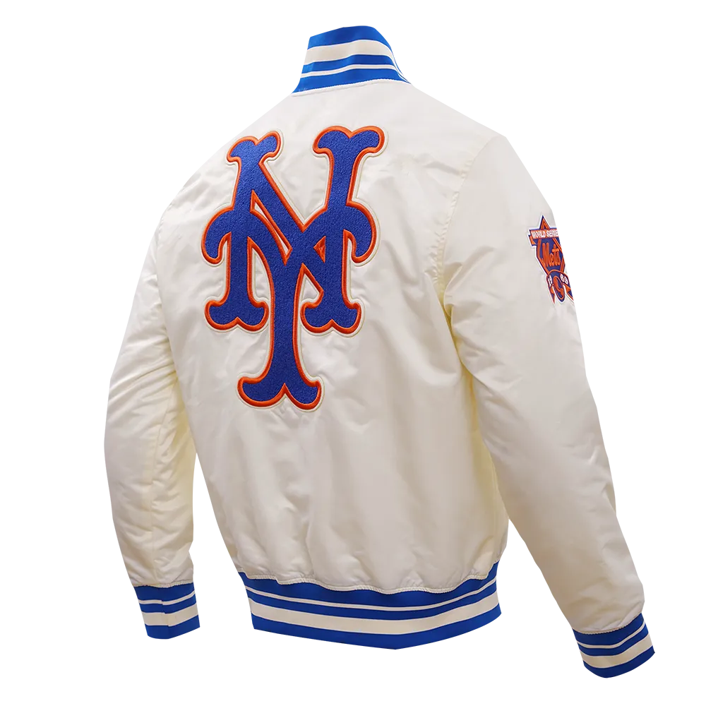 MLB NEW YORK METS RETRO CLASSIC MEN'S RIB SATIN JACKET (EGGSHELL/ROYAL BLUE)