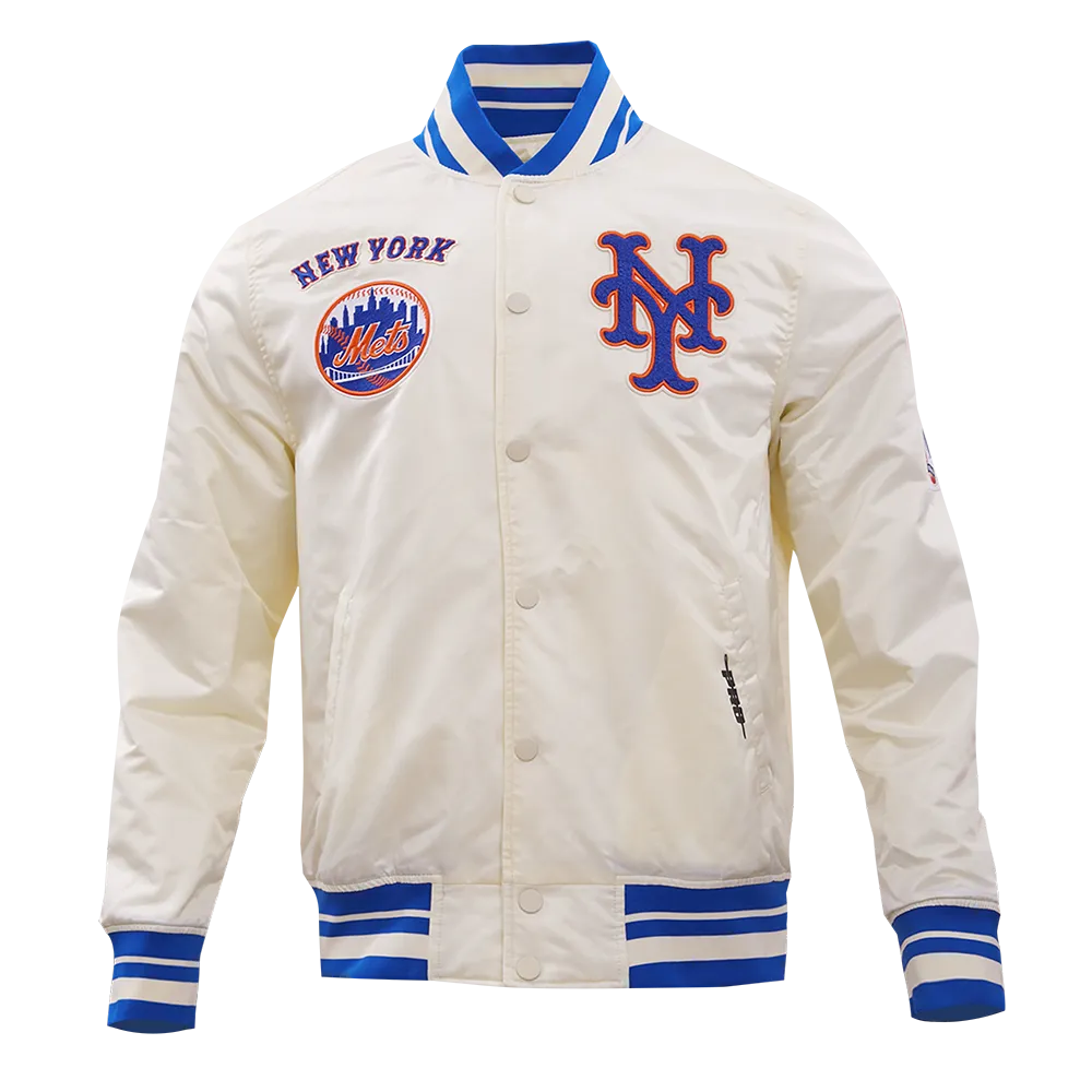 MLB NEW YORK METS RETRO CLASSIC MEN'S RIB SATIN JACKET (EGGSHELL/ROYAL BLUE)