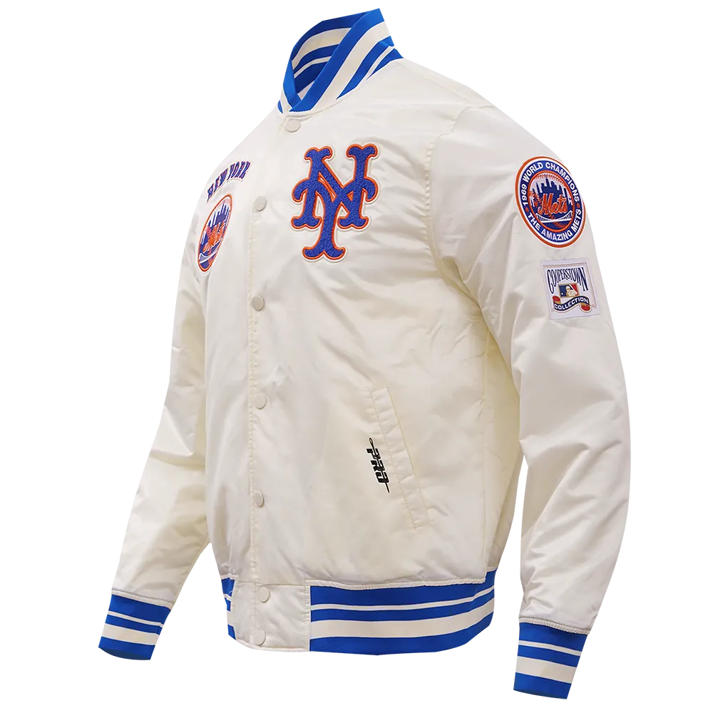 MLB NEW YORK METS RETRO CLASSIC MEN'S RIB SATIN JACKET (EGGSHELL/ROYAL BLUE)