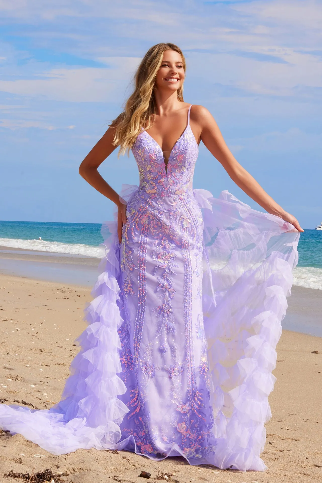 N Q1542 - Iridescent Patterned Sequin Fit & Flare Prom Gown with Plunging V-Neck & Removable Layered Tulle Over Skirt