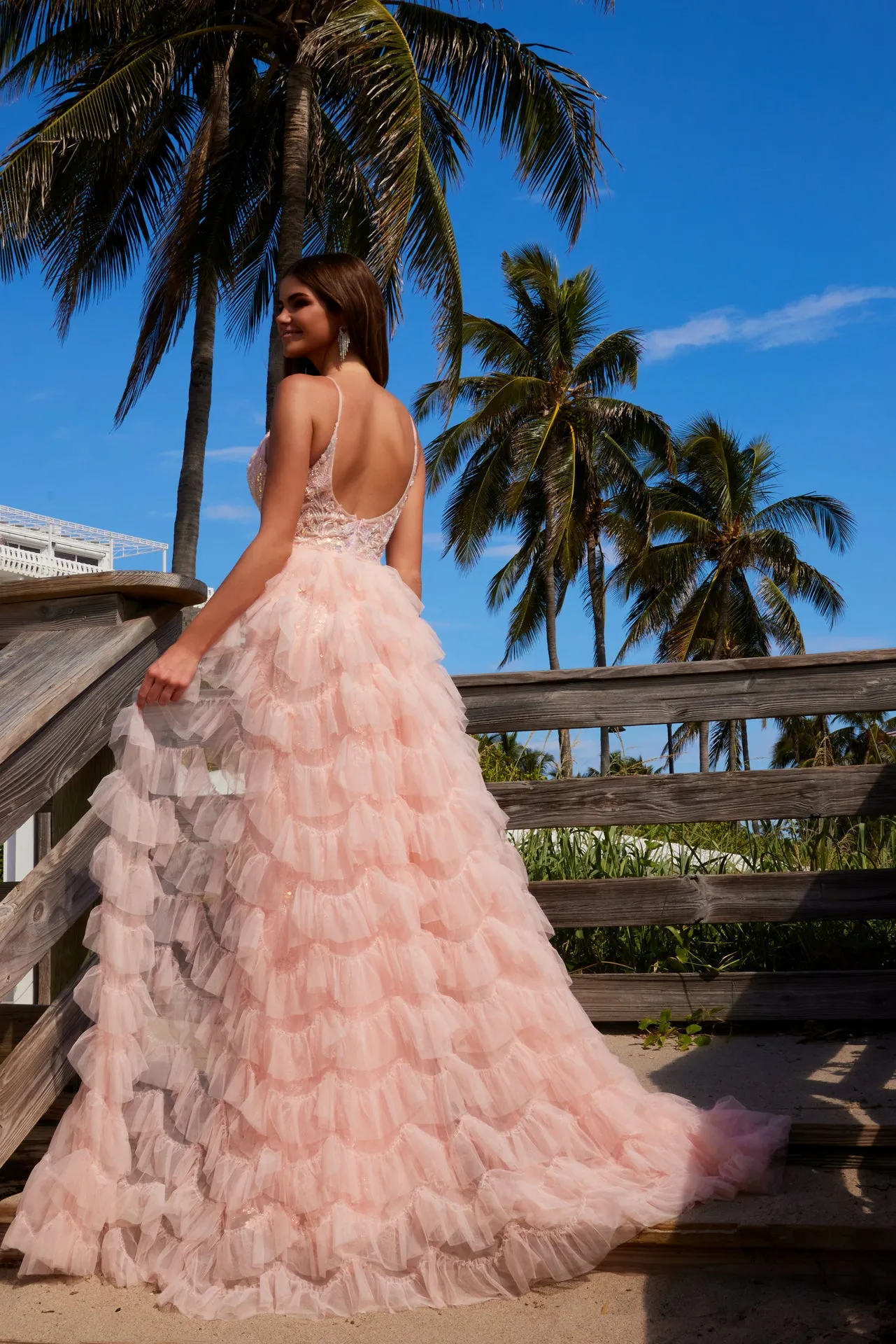 N Q1542 - Iridescent Patterned Sequin Fit & Flare Prom Gown with Plunging V-Neck & Removable Layered Tulle Over Skirt